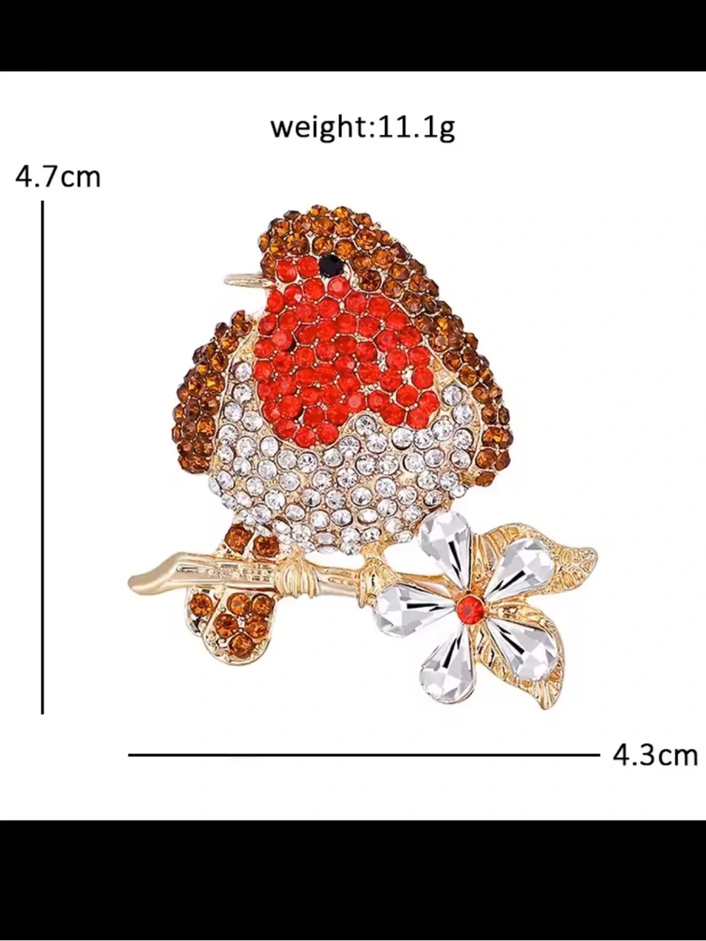 Crystal Robin Bird Floral Brooch